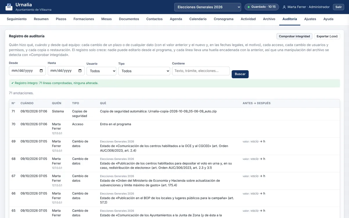 Registro de auditoría con la comprobación de integridad superada
